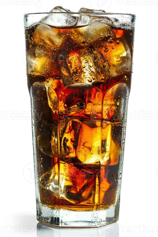 AI generated Cola with ice cubes in a glass isolated on a white background photo