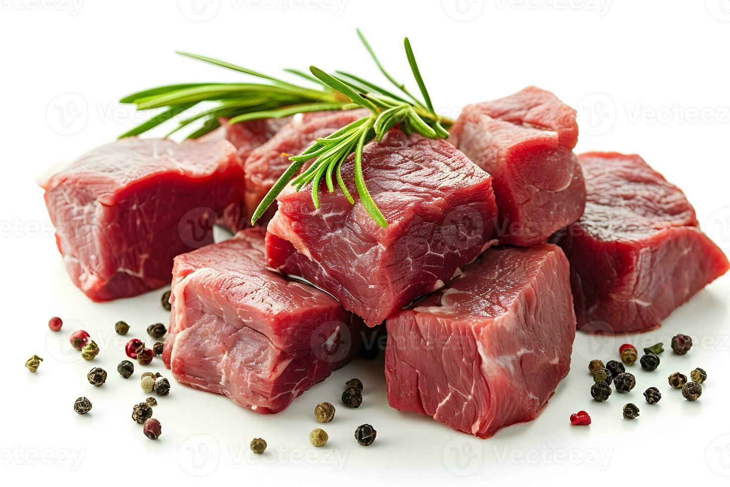 AI generated Raw beef meat with rosemary and pepper isolated on white background photo