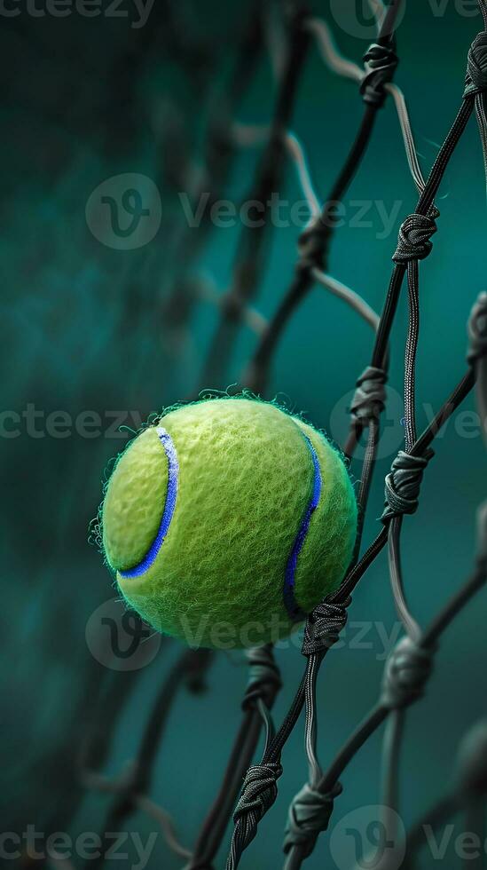 ai generado cerca arriba tenis pelota en un tenis red foto