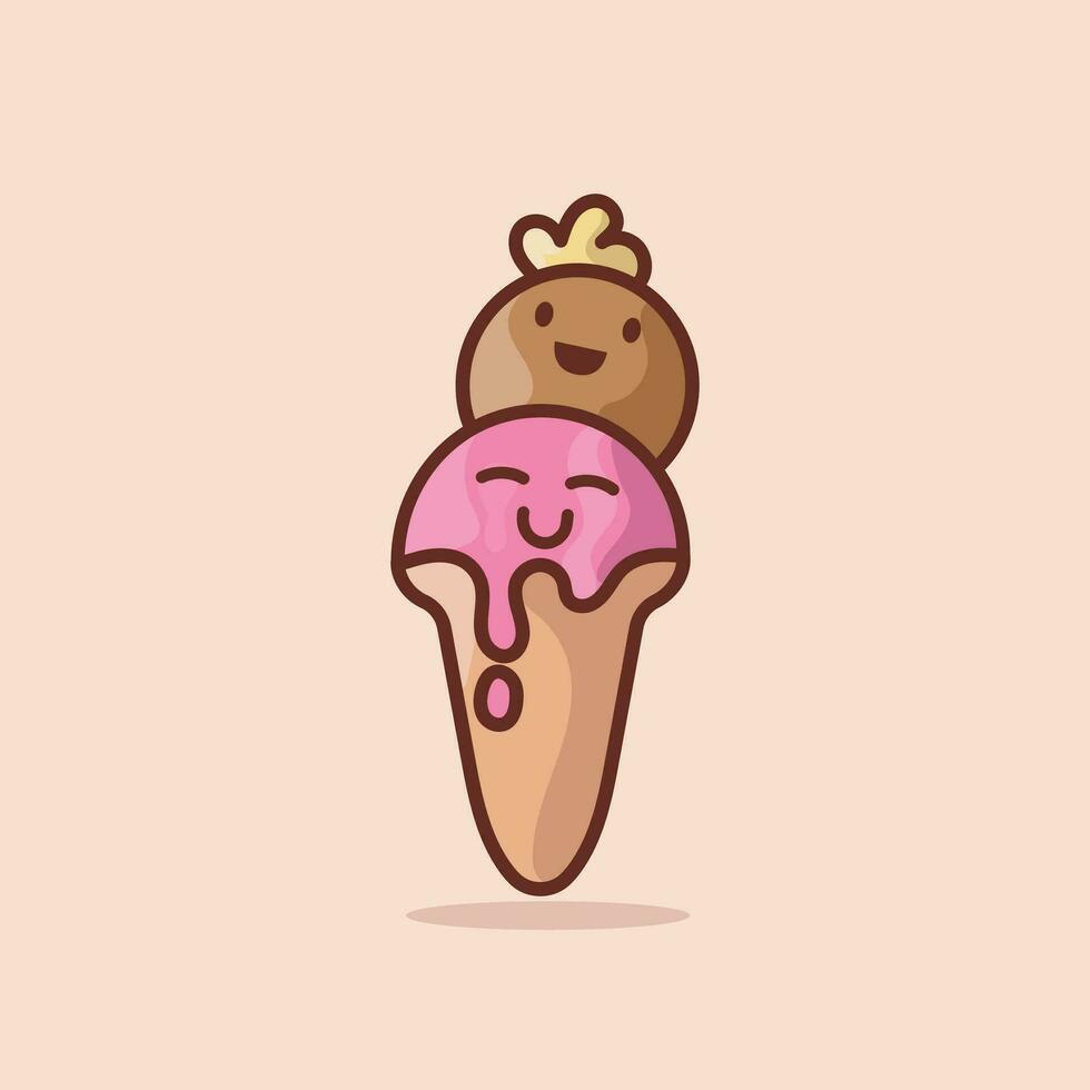 cute ice cream illustration, with strawberry and milk flavors, with cream background. line ice cream icon, t-shirt, web, cartoon logo etc vector