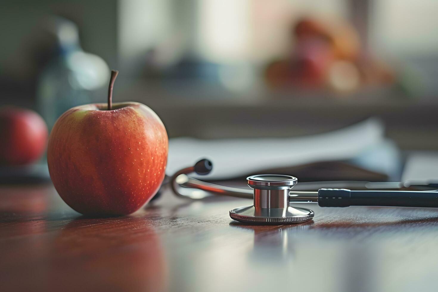 AI generated Stethoscope and apple on wooden table, health care concept photo