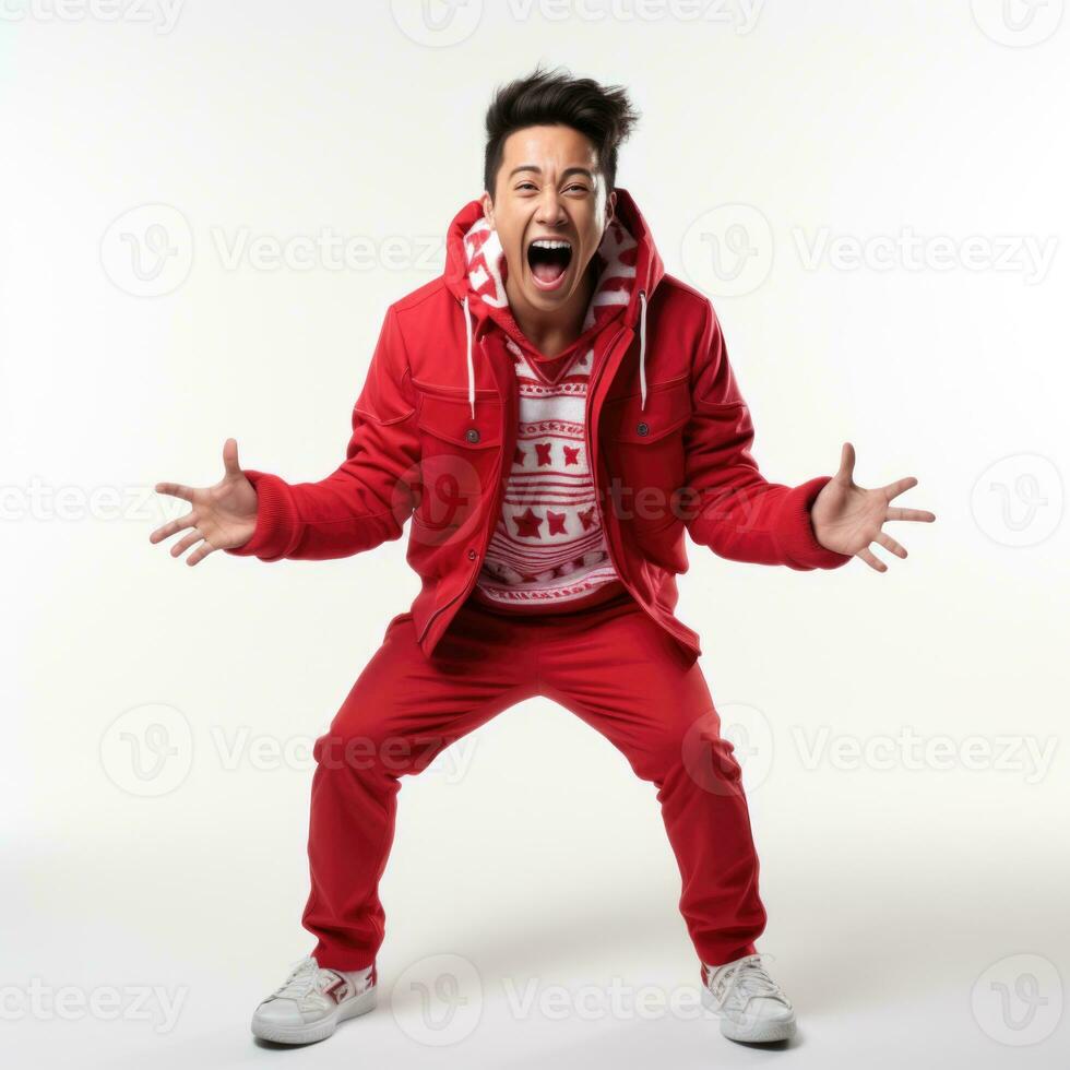 AI generated Christmas,Party and holidays concept Shocked man in santa hat photo
