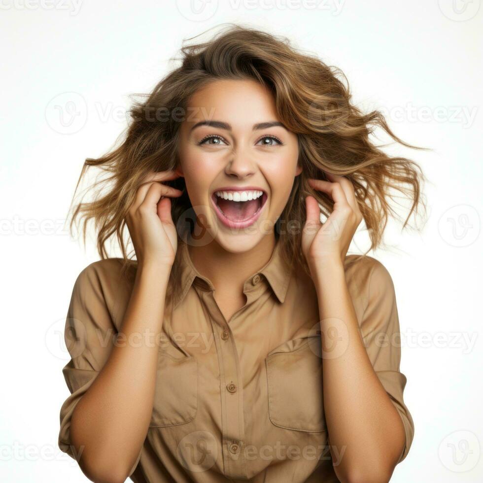 AI generated Curly optimistic woman raises palms from joy, happy to receive awesome present from someone, shouts loudly, dressed in casual t shirt, isolated on beige background. Excited female yells. photo