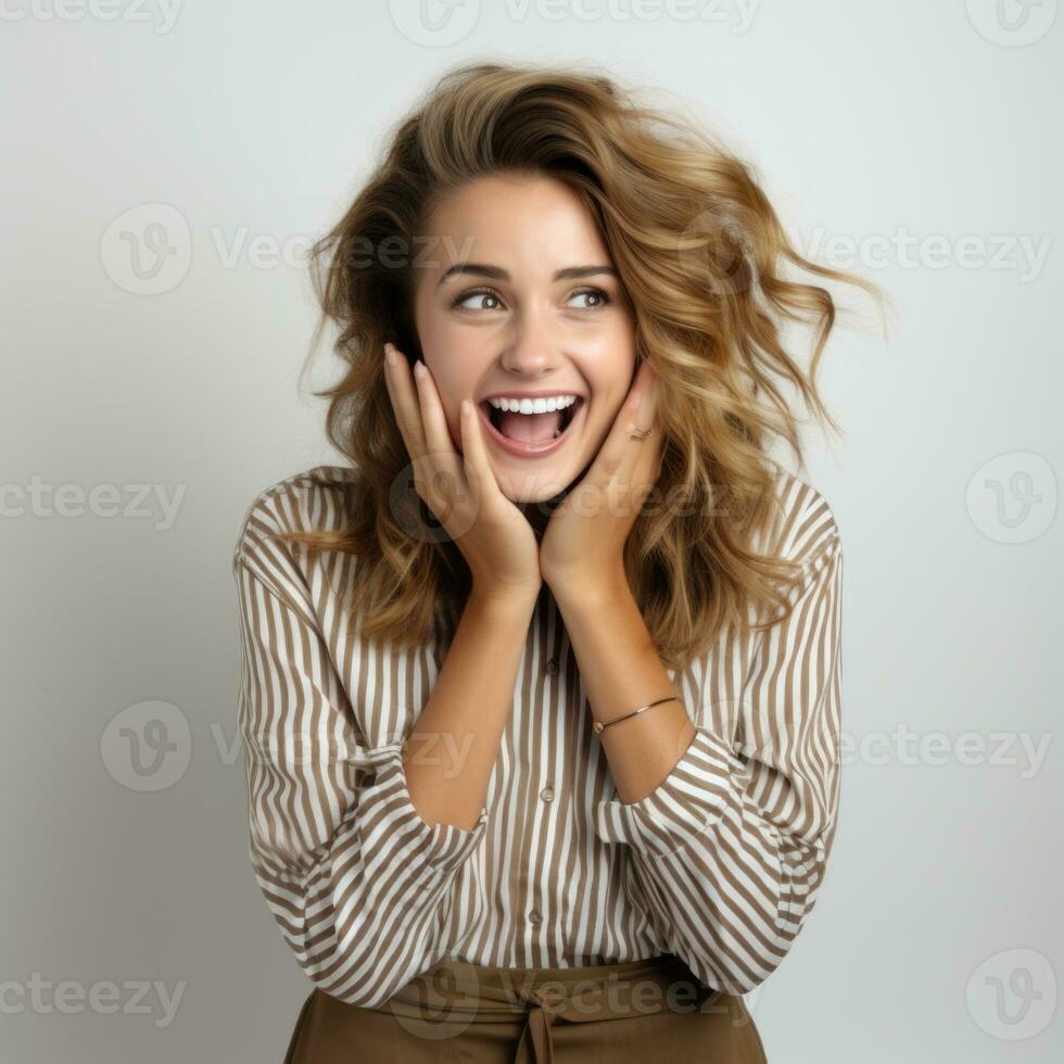 AI generated Curly optimistic woman raises palms from joy, happy to receive awesome present from someone, shouts loudly, dressed in casual t shirt, isolated on beige background. Excited female yells. photo