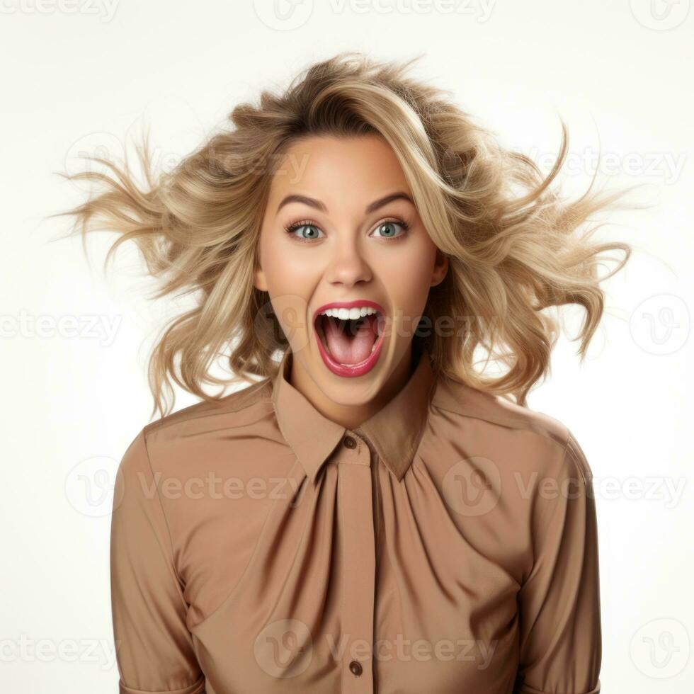 AI generated Curly optimistic woman raises palms from joy, happy to receive awesome present from someone, shouts loudly, dressed in casual t shirt, isolated on beige background. Excited female yells. photo