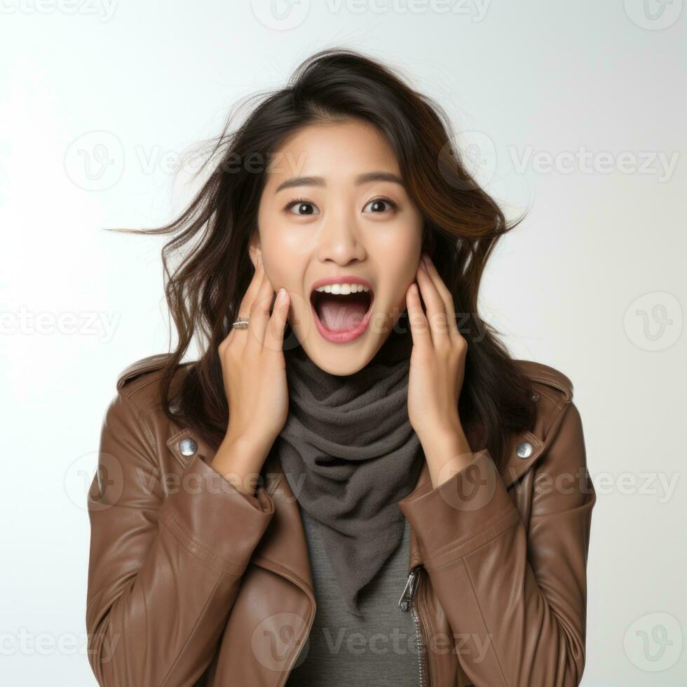 AI generated Curly optimistic woman raises palms from joy, happy to receive awesome present from someone, shouts loudly, dressed in casual t shirt, isolated on beige background. Excited female yells. photo