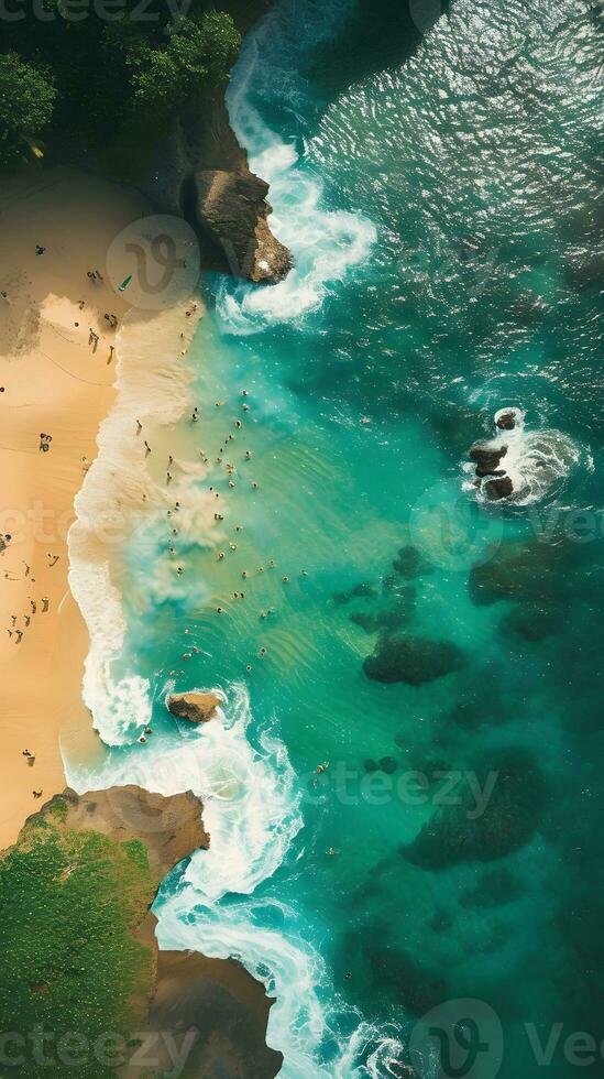 AI generated Aerial view of beautiful sandy beach and turquoise ocean with surfers photo