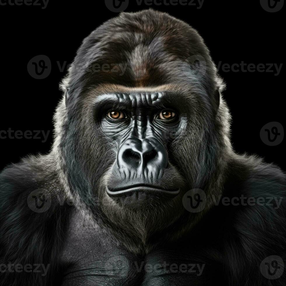 AI generated Close up of a black gorilla face. Wild animal from jungle. Generative AI photo