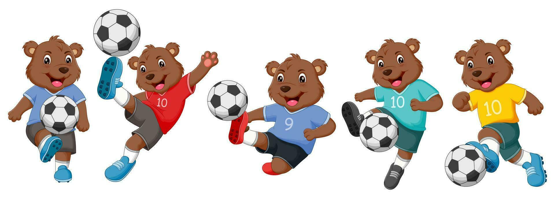 conjunto de osos dibujos animados jugando fútbol. vector ilustración