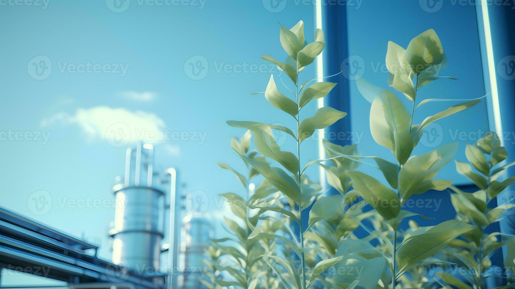 AI generated Closeup of green plant growing in front of industrial plant with blue sky photo