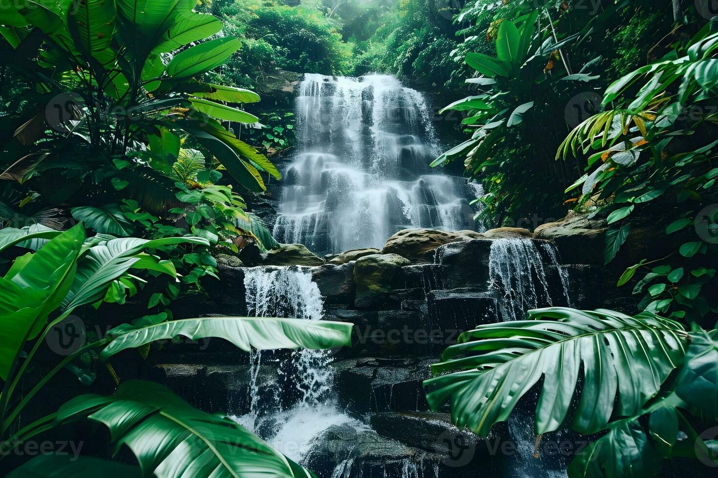 AI generated Beautiful waterfall in tropical forest. Waterfall in rainforest photo