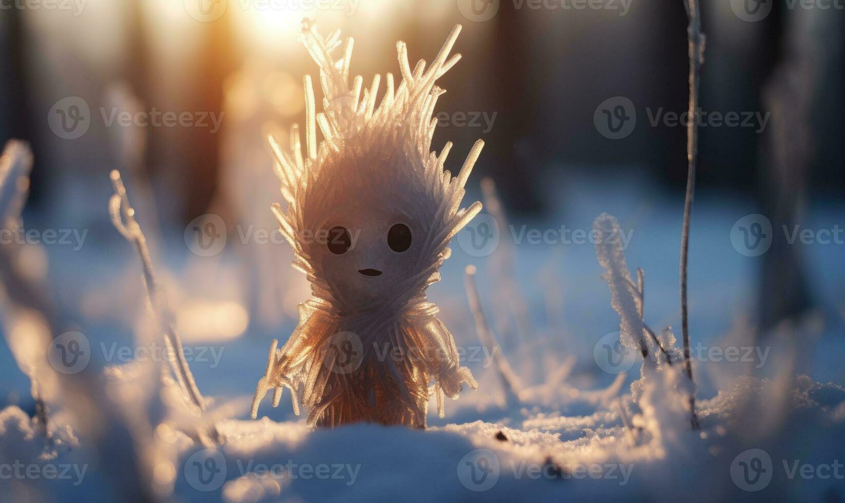 ai generado congelado muñeca en el nieve en el invierno bosque a puesta de sol. pequeño figura de fantasía criatura hecho desde hielo en el nieve con bokeh Encendiendo. foto