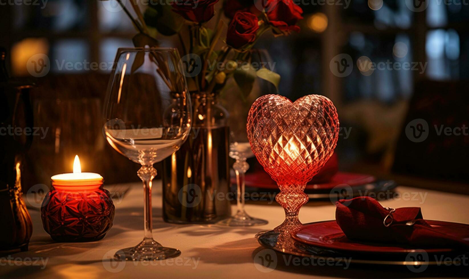 AI generated Romantic dinner setting with roses and candles on wooden table in restaurant photo