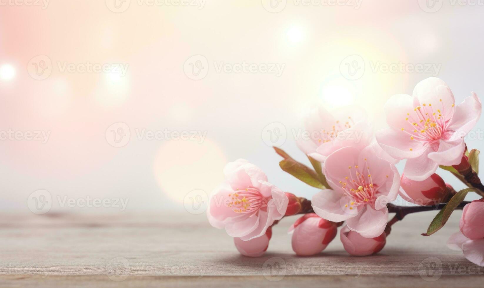 AI generated peach blossom on wooden table with bokeh light background photo