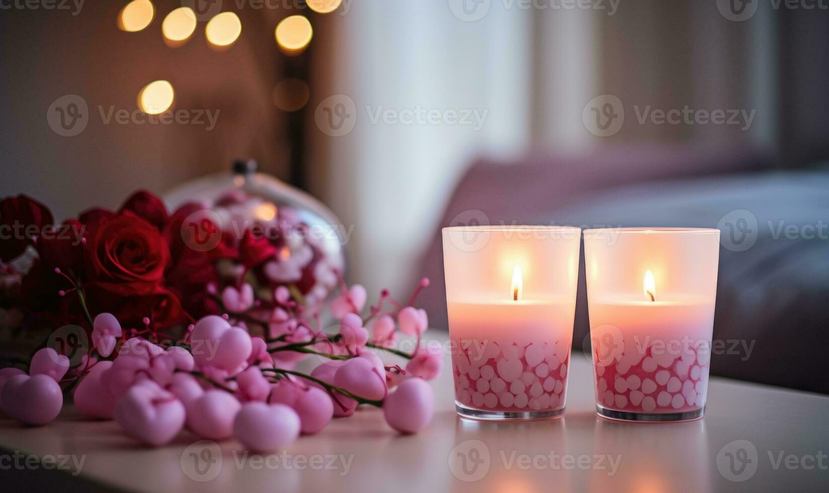 ai generado ardiente velas en habitación decorado para San Valentín día, de cerca foto