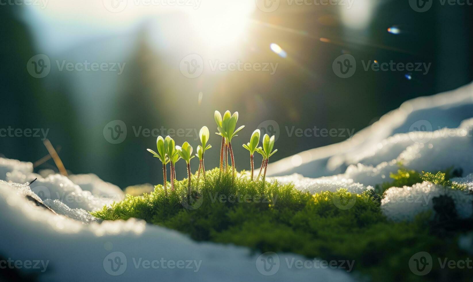 AI generated Beautiful snowdrop flowers growing in forest, closeup. Early spring. Selective focus, bokeh light photo