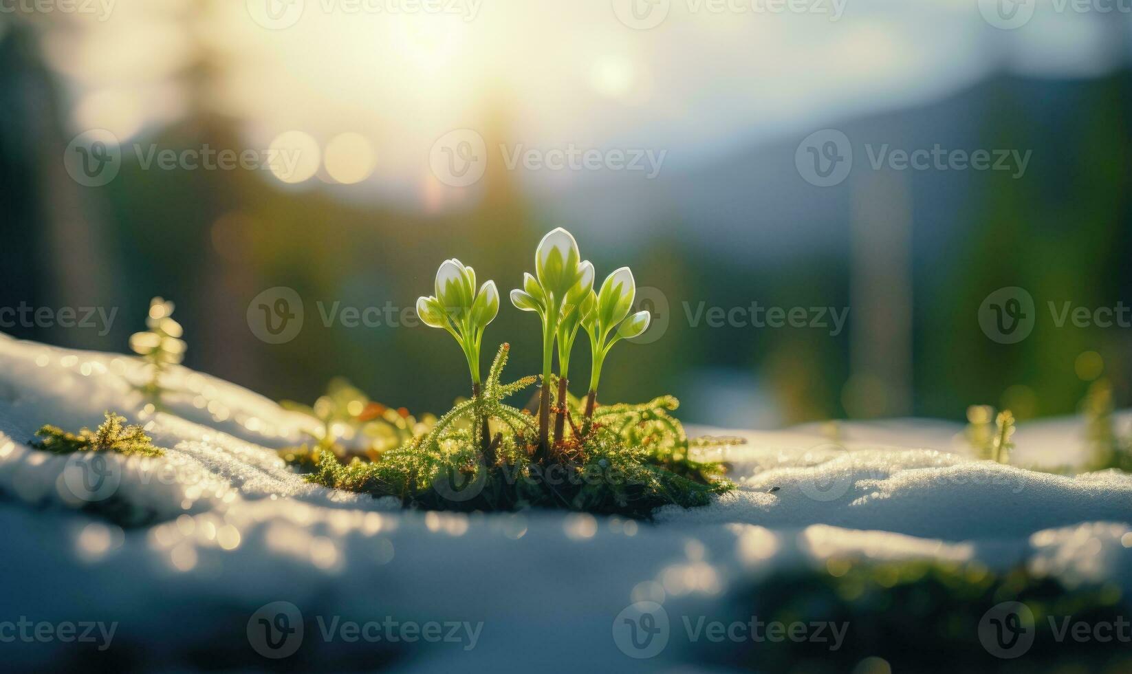 ai generado hermosa campanilla de febrero flores creciente en bosque, de cerca. temprano primavera. selectivo enfocar, bokeh ligero foto