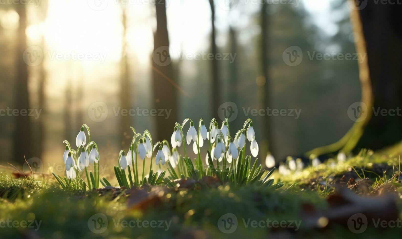ai generado hermosa campanilla de febrero flores creciente en bosque, de cerca. temprano primavera. selectivo enfocar, bokeh ligero foto