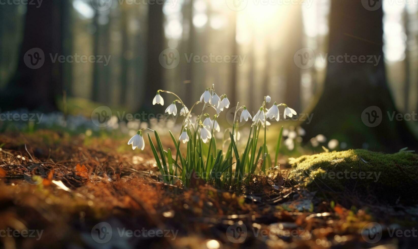 ai generado hermosa campanilla de febrero flores creciente en bosque, de cerca. temprano primavera. selectivo enfocar, bokeh ligero foto