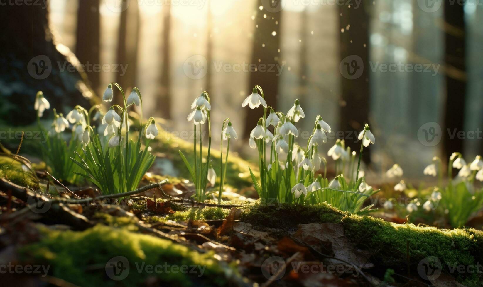 ai generado hermosa campanilla de febrero flores creciente en bosque, de cerca. temprano primavera. selectivo enfocar, bokeh ligero foto