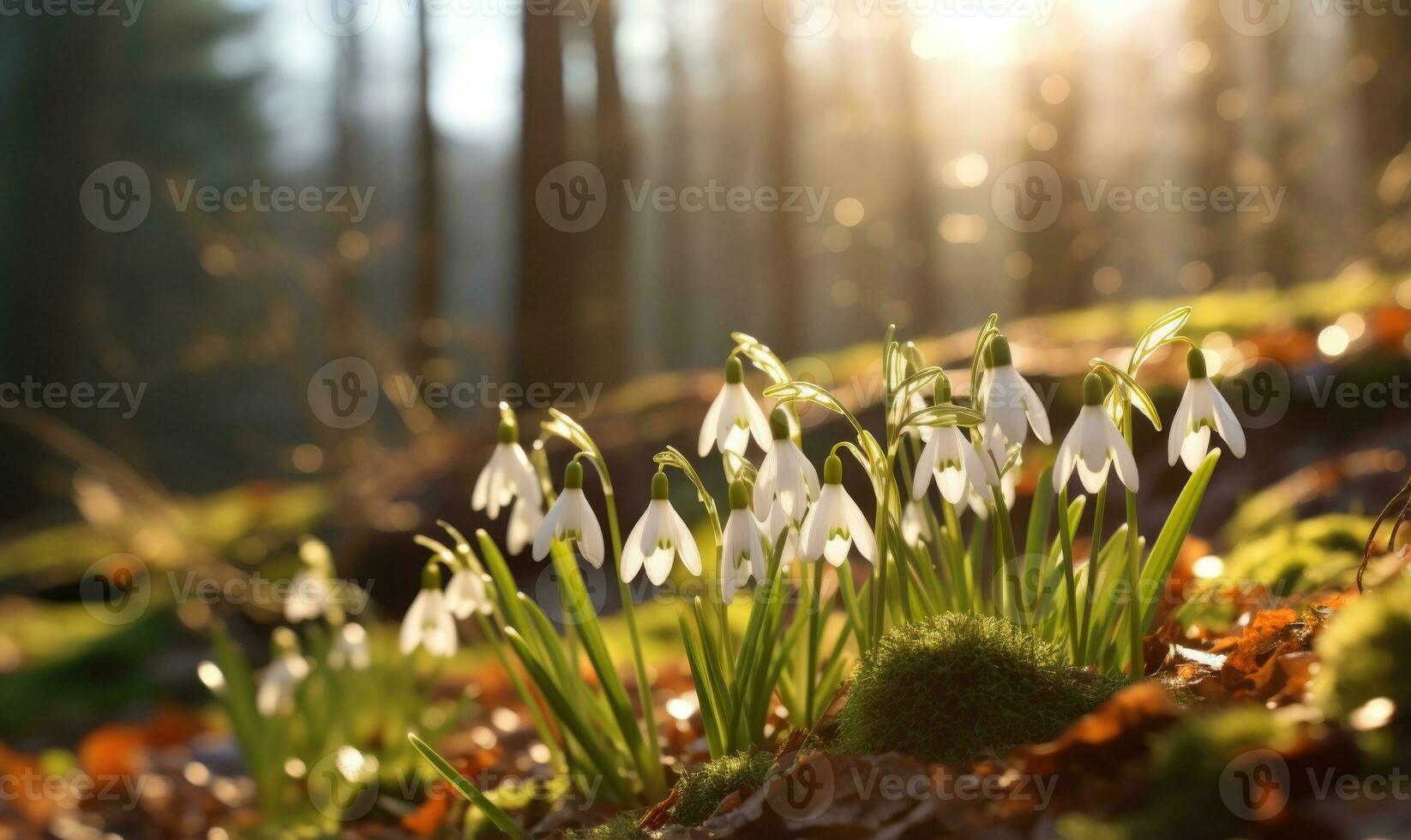 ai generado hermosa campanilla de febrero flores creciente en bosque, de cerca. temprano primavera. selectivo enfocar, bokeh ligero foto