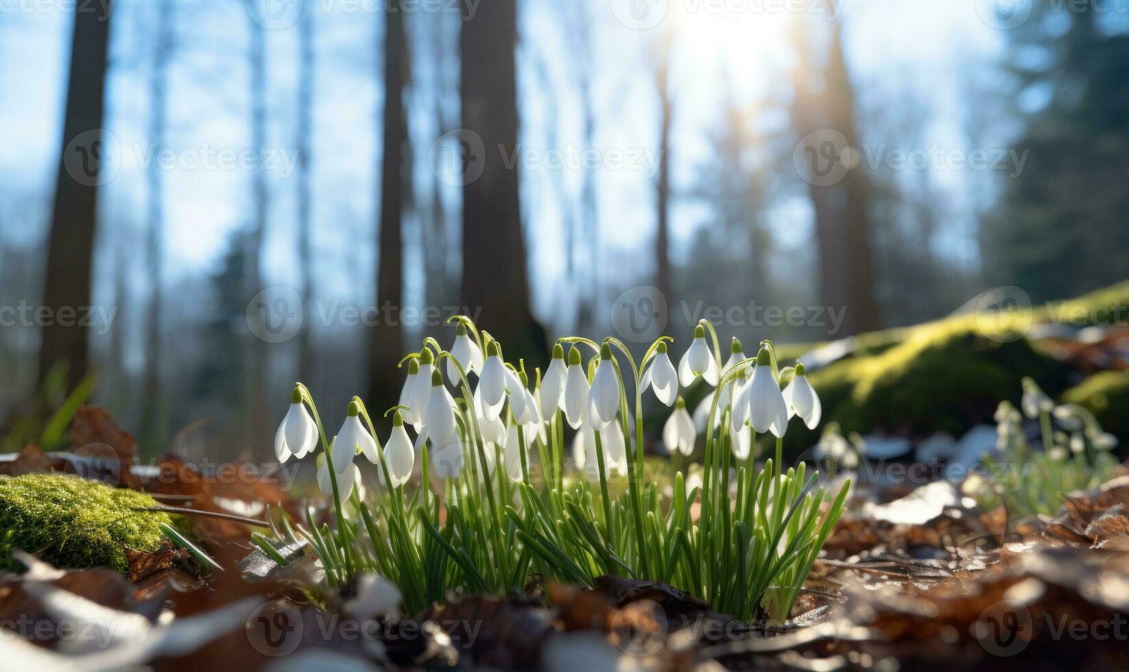 ai generado hermosa campanilla de febrero flores creciente en bosque, de cerca. temprano primavera. selectivo enfocar, bokeh ligero foto