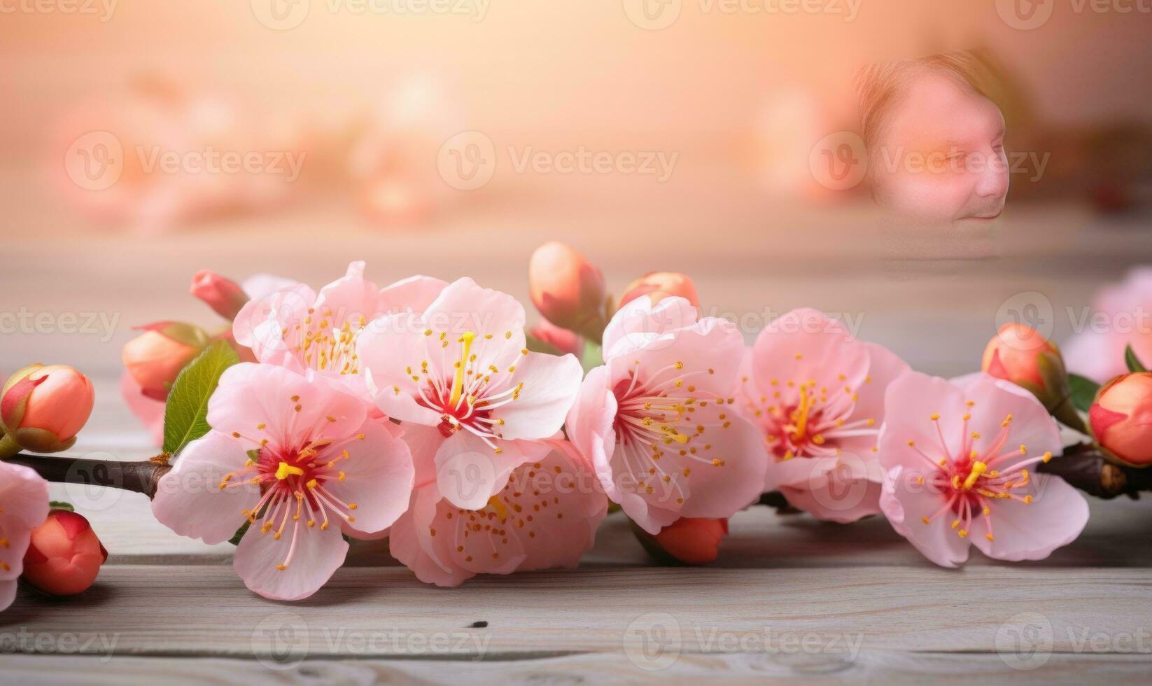 AI generated Blossoming branch of peach on a wooden background with copy space photo