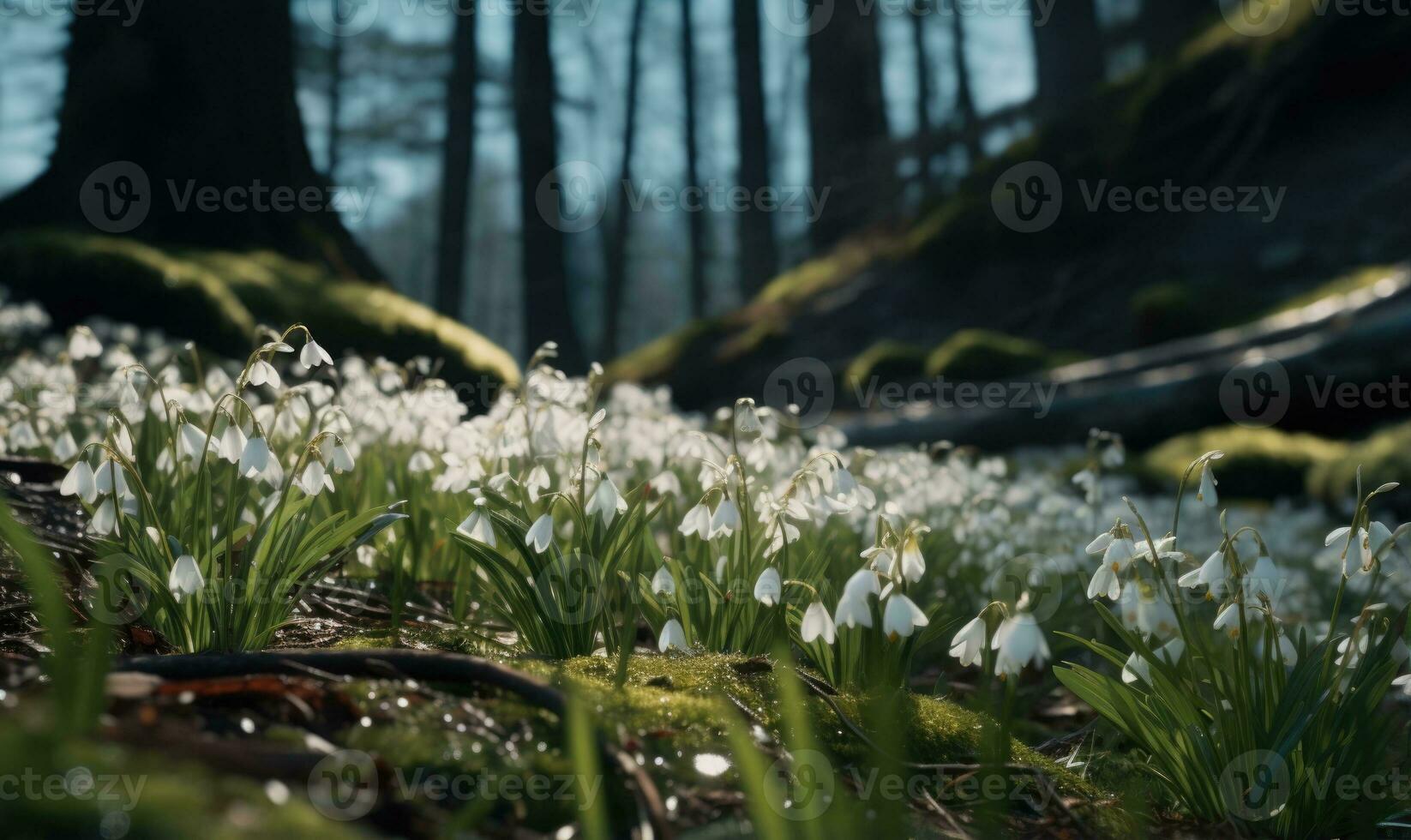 ai generado bosque cubierto con campanillas de invierno temprano primavera paisaje foto