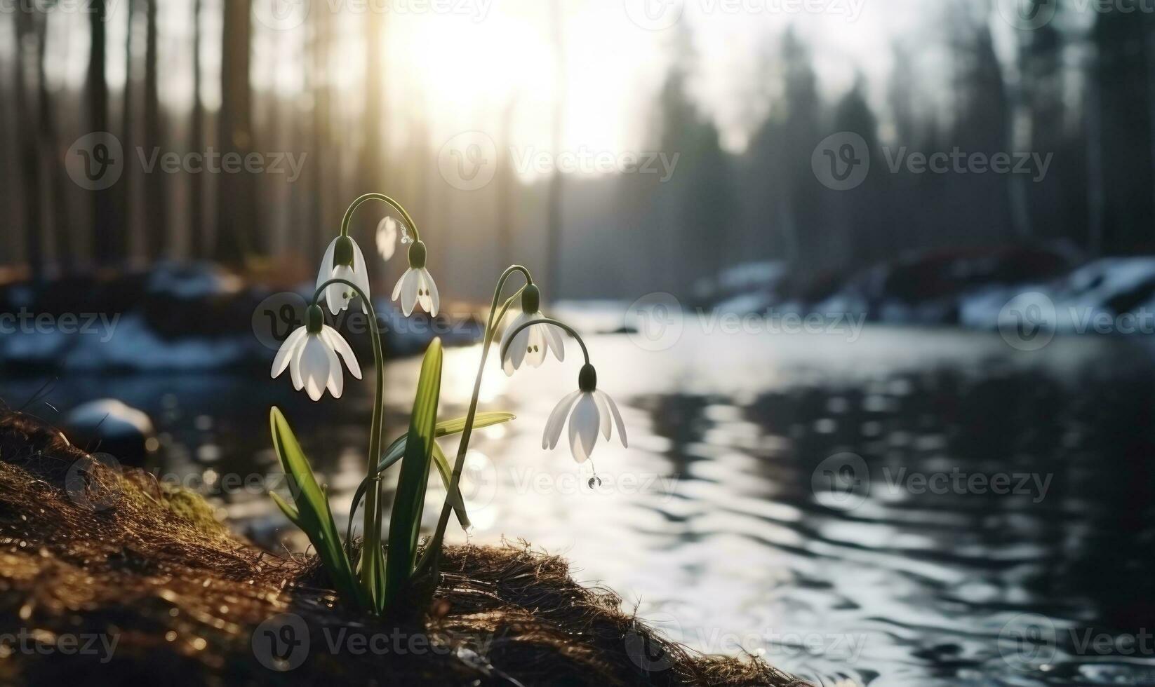 ai generado hermosa campanilla de febrero flores creciente en bosque, de cerca. temprano primavera. selectivo enfocar, bokeh ligero foto