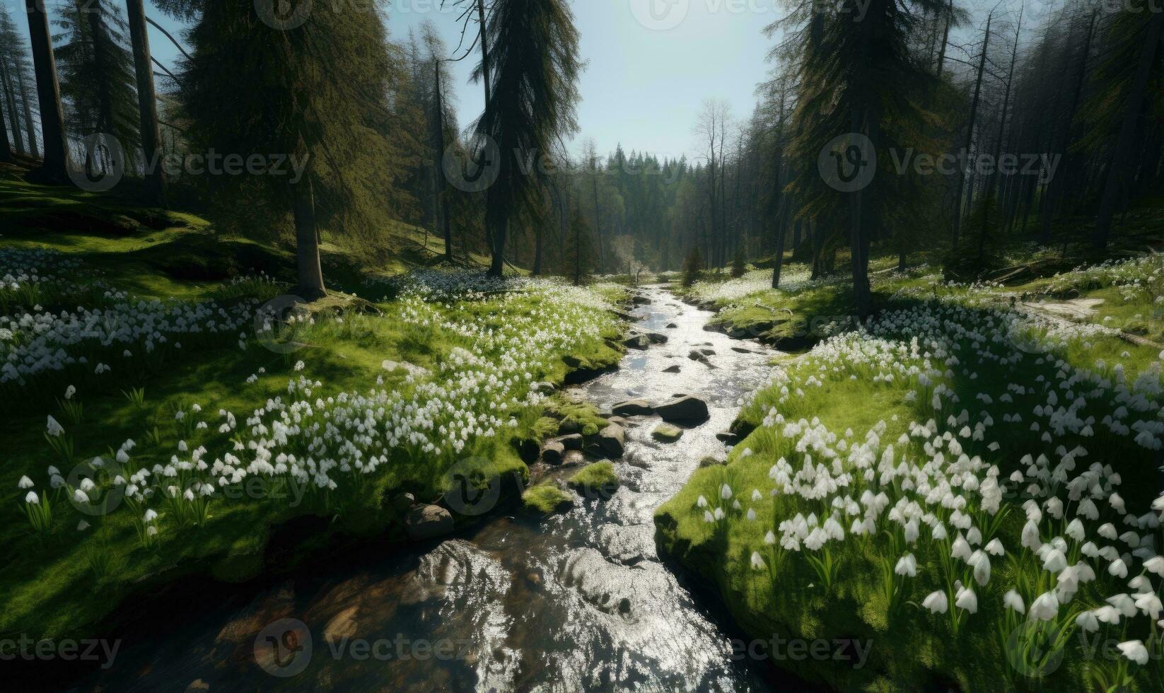 ai generado bosque cubierto con campanillas de invierno temprano primavera paisaje foto