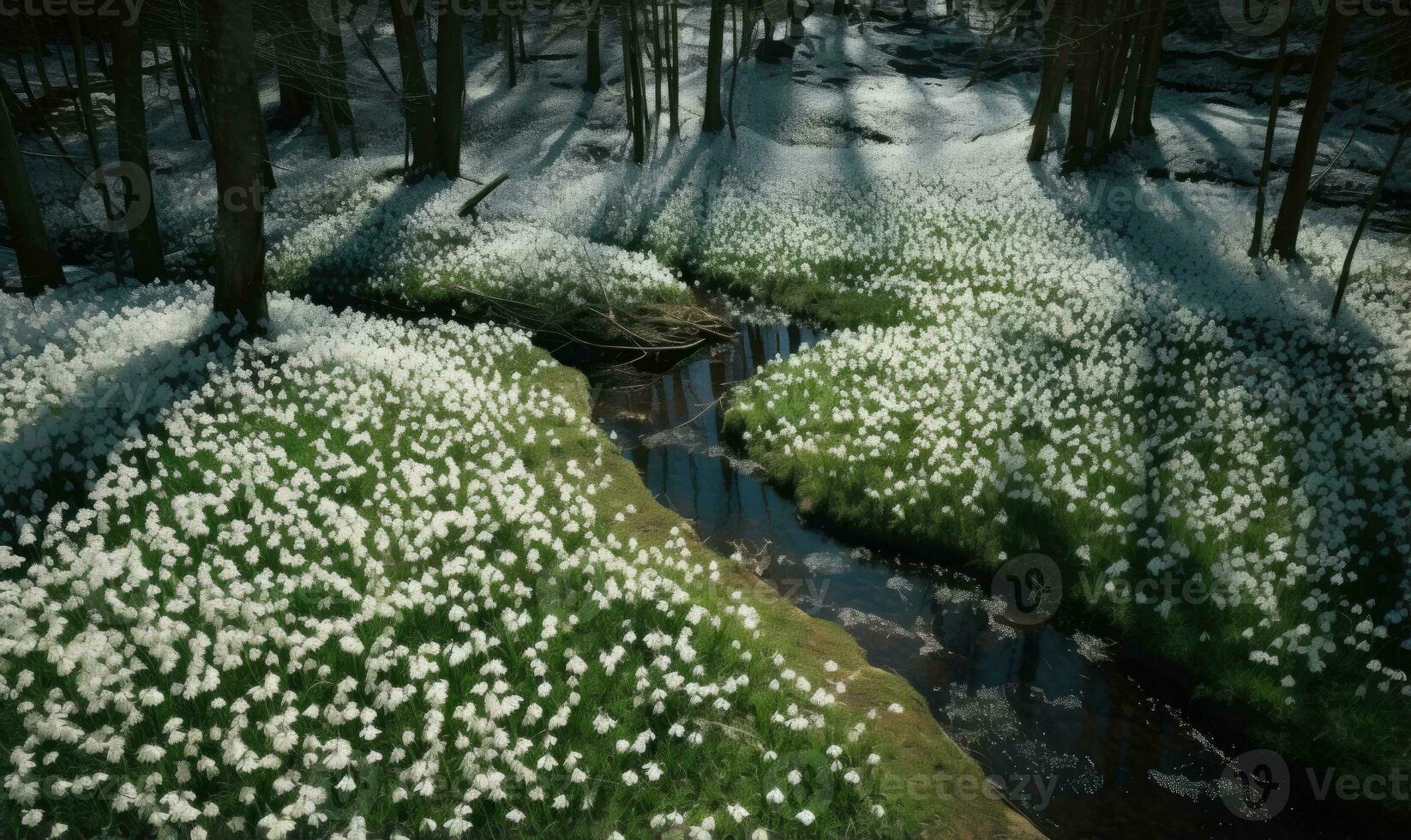 ai generado bosque cubierto con campanillas de invierno temprano primavera paisaje foto