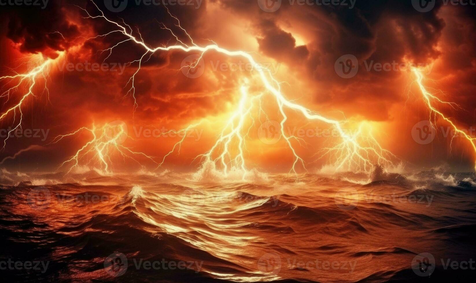 AI generated Fiery thunderstorm over the sea. Thunderstorm and lightning in the night sky. photo