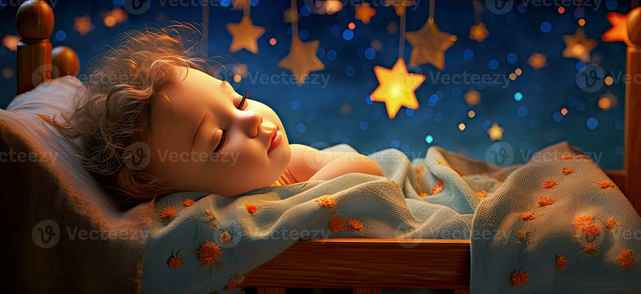 AI generated Beautiful baby sleeping in a crib under the stars.  AI generated illustration. photo
