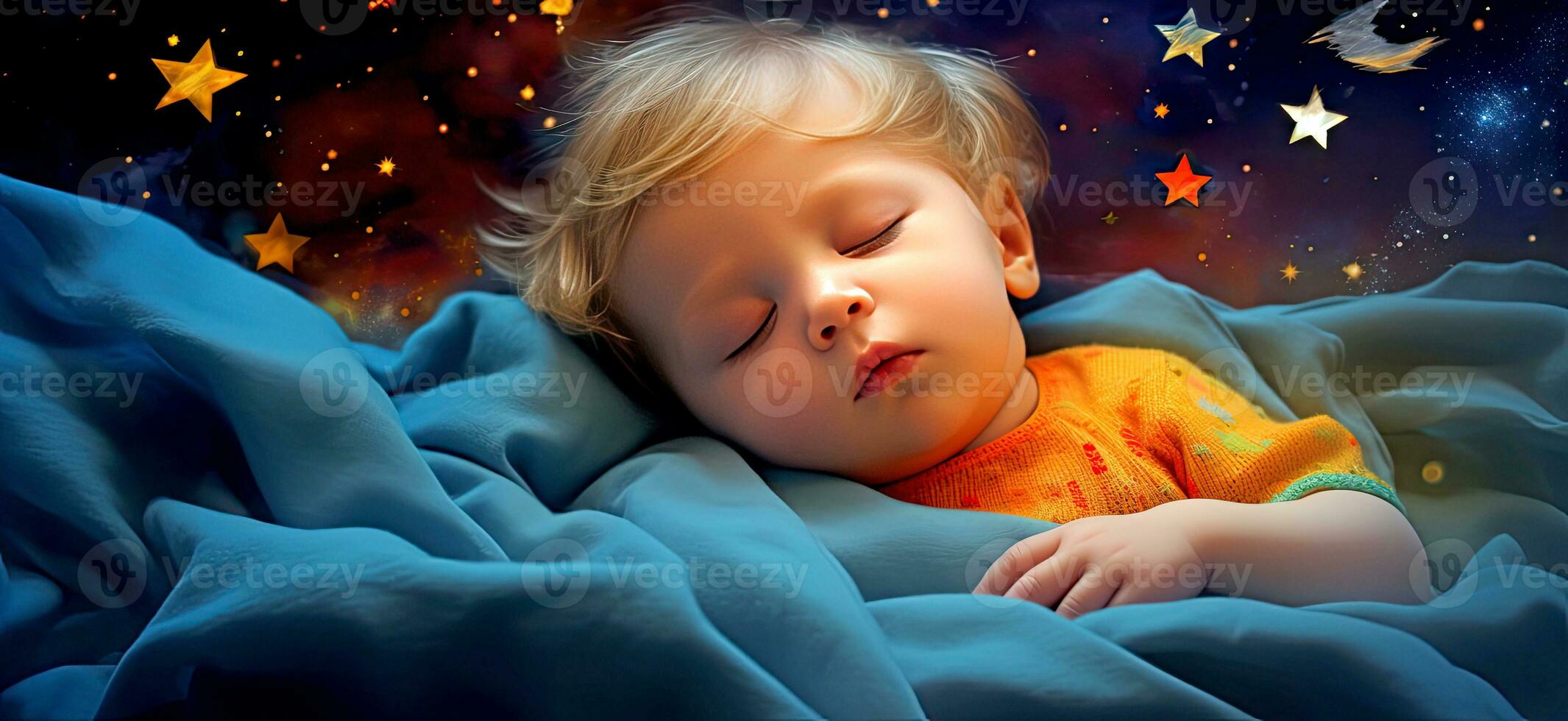 AI generated Cute little boy sleeping on the night starry sky background. AI generated illustration. photo