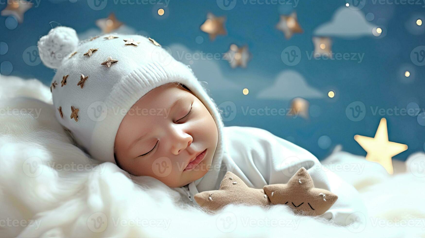 AI generated Sleeping baby in a hat on a starry sky background. AI generated illustration. photo