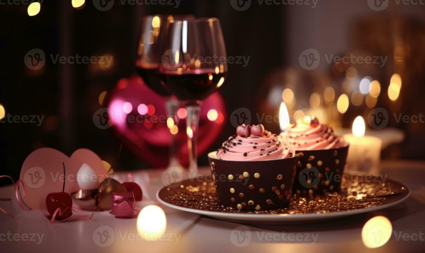 AI generated Glasses of wine and delicious cupcakes on table, closeup photo