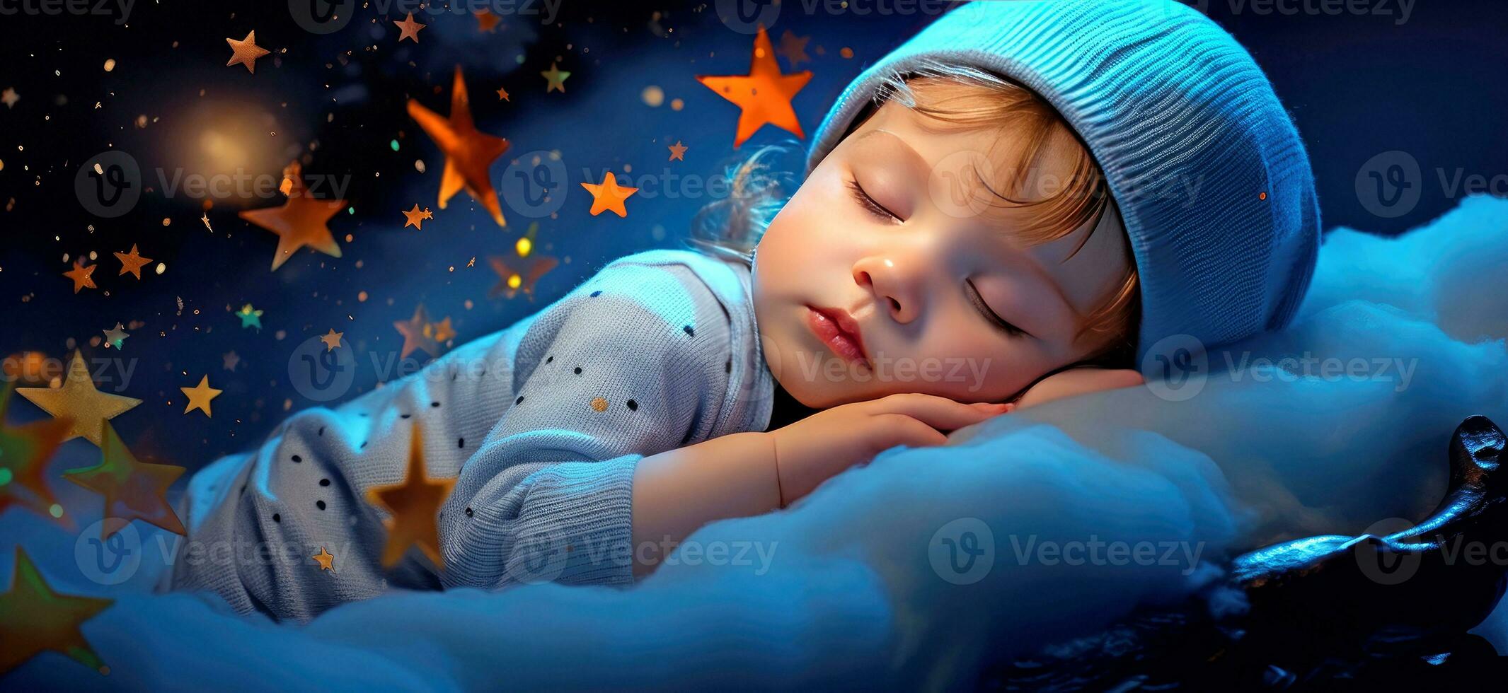 AI generated Cute little baby sleeping in a crib on the night starry sky background. AI generated illustration. photo