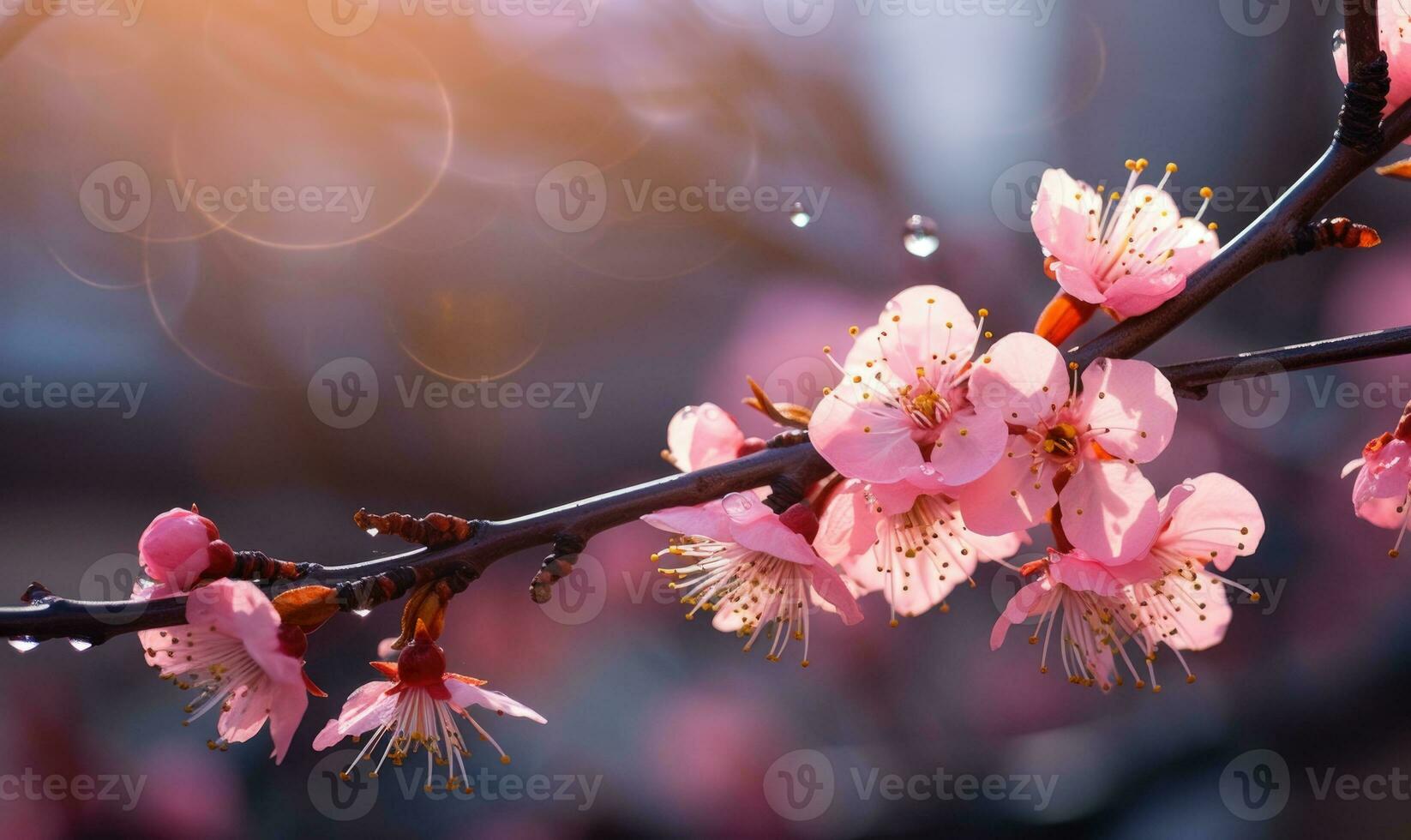 AI generated Blossoming branch of peach in the rays of the setting sun photo