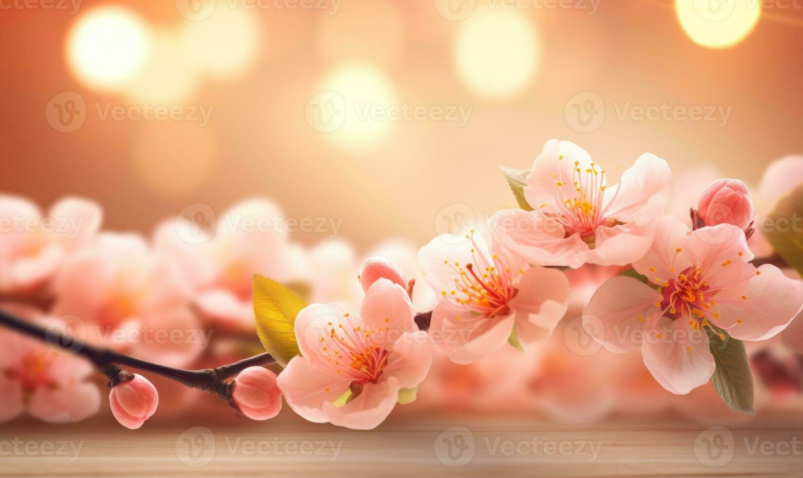 AI generated peach blossom on wooden table with bokeh light background photo