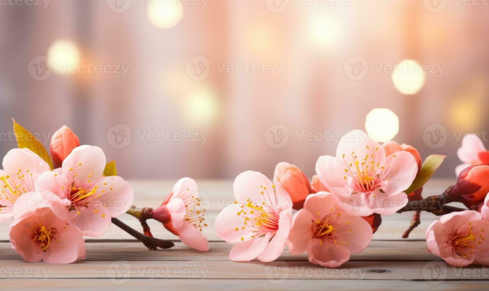 AI generated peach blossom on wooden table with bokeh light background photo