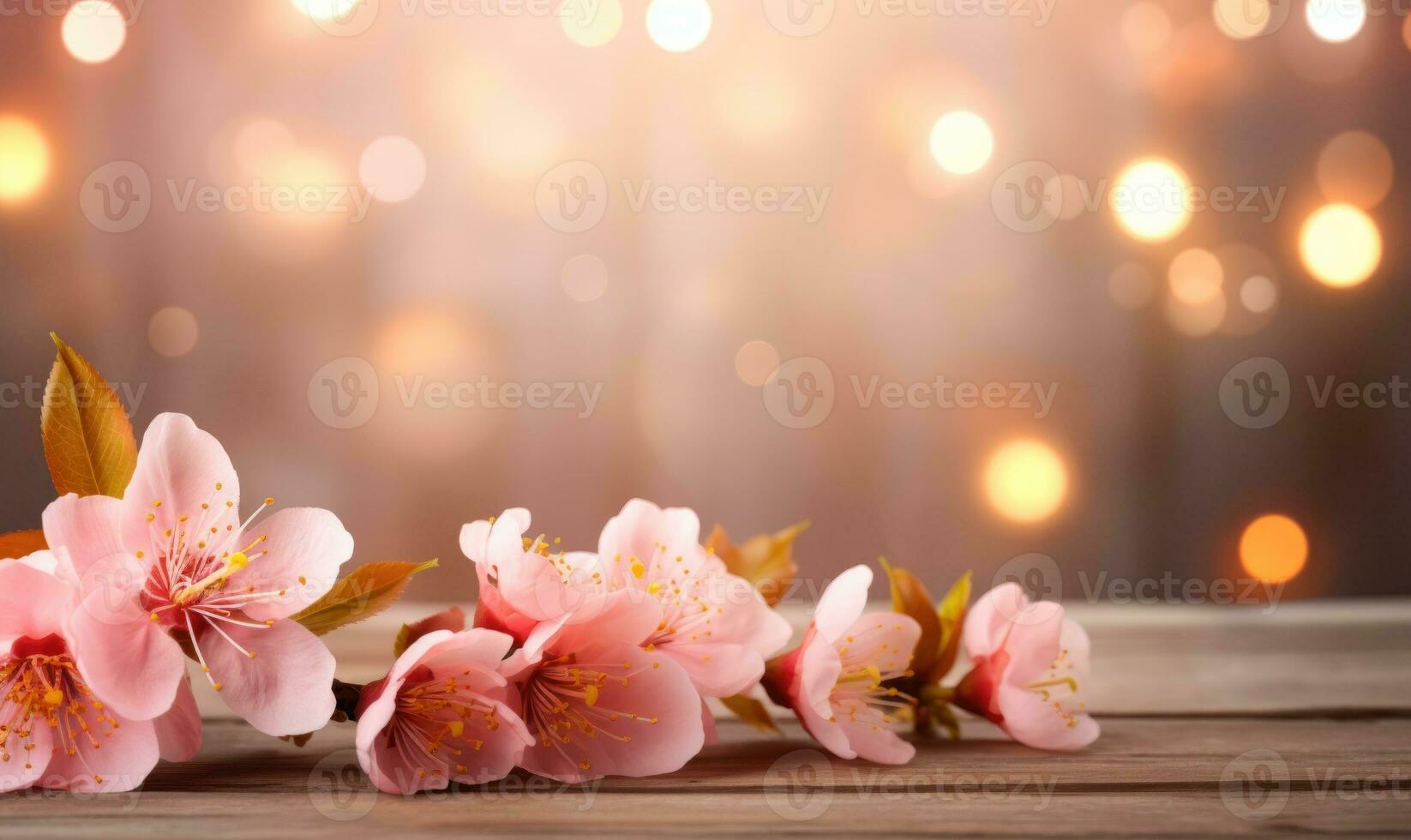 AI generated Blossoming branch of peach on a wooden background with copy space photo
