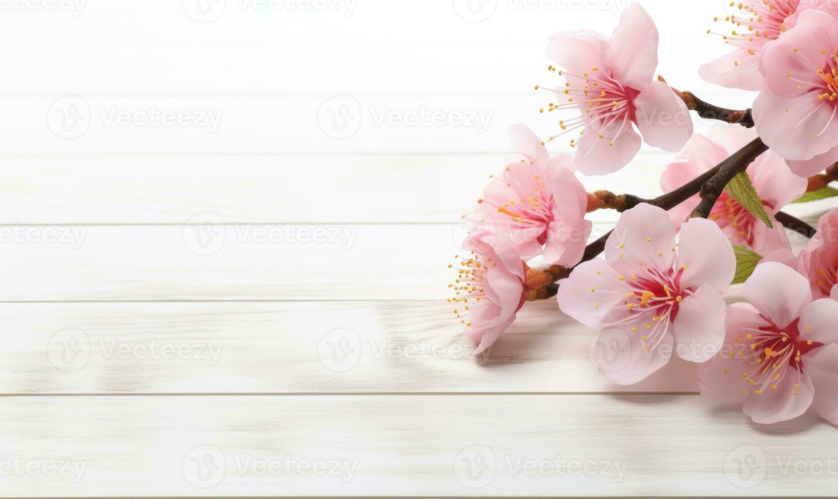 AI generated peach blossom on white wooden background with copy space for your text photo