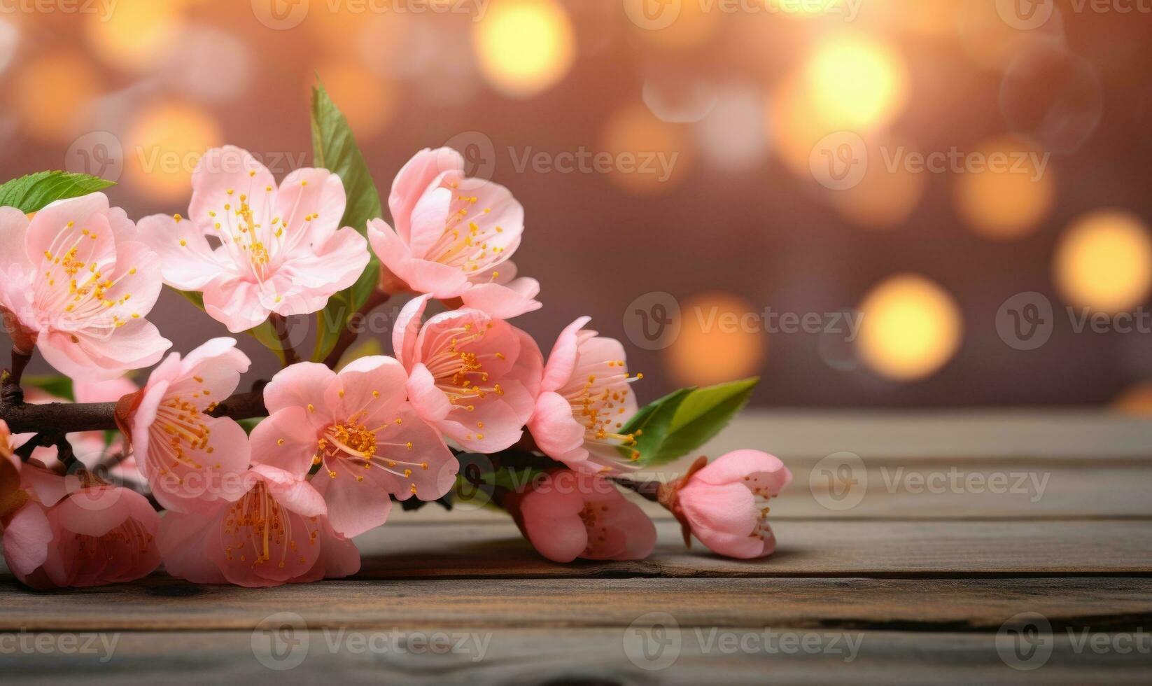 AI generated peach blossom on wooden table with bokeh light background photo