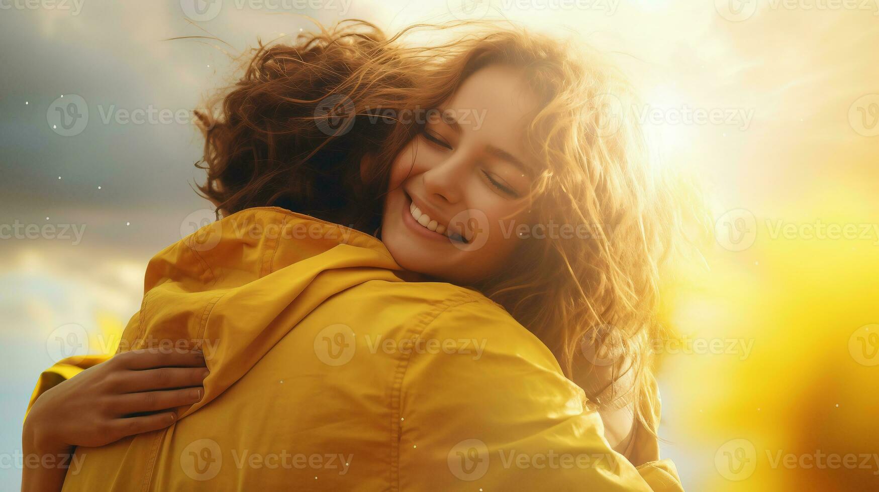 AI generated Beautiful young people hugging and smiling, spending time together outdoors. National Hugging Day concept. AI Generative photo