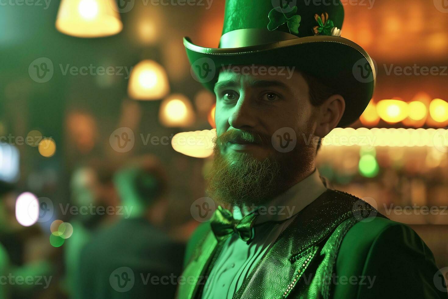 AI generated St. Patrick's Day party fun wearing man in a green suit and hat in bar interior. photo