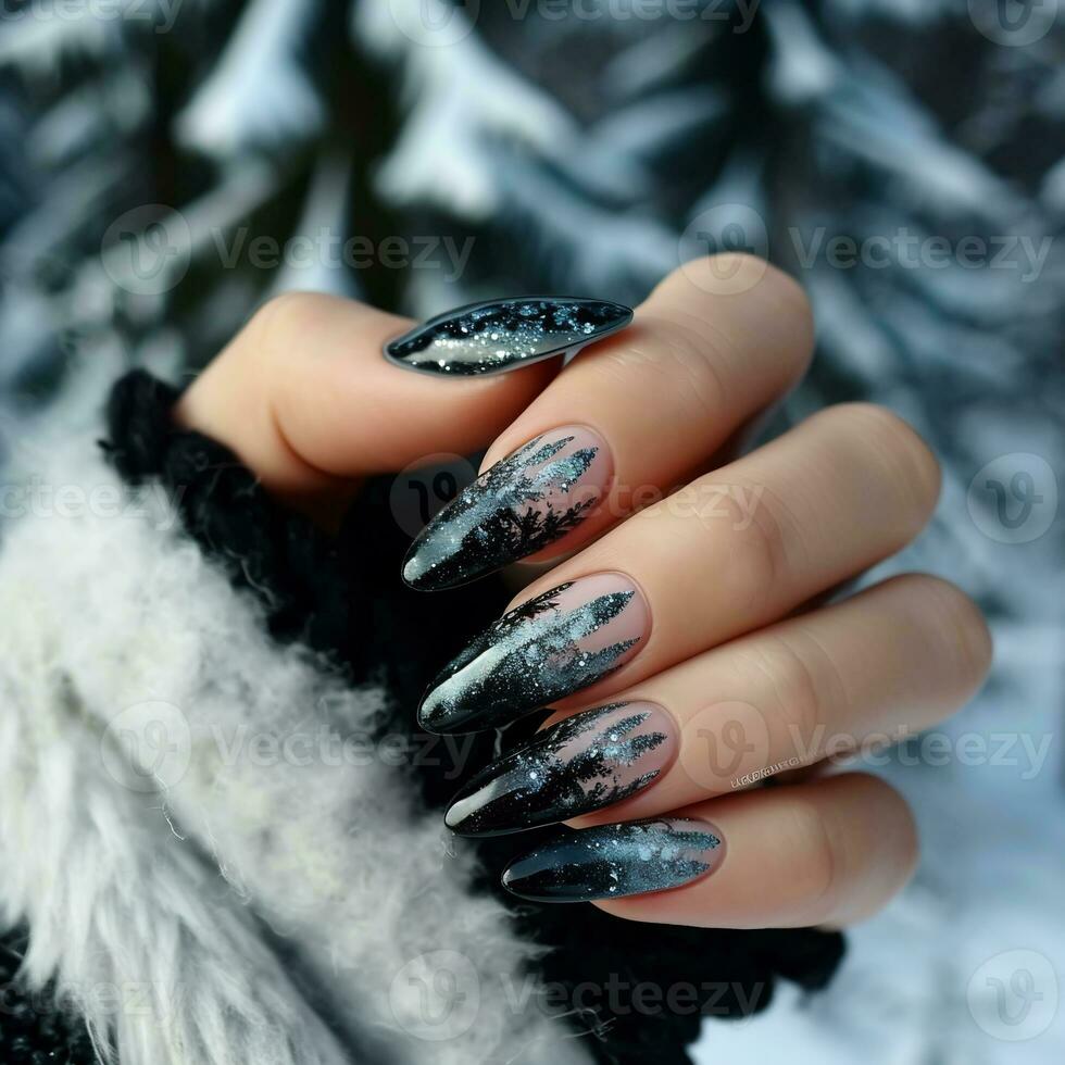 AI generated Perfect long nails with black manicure. photo