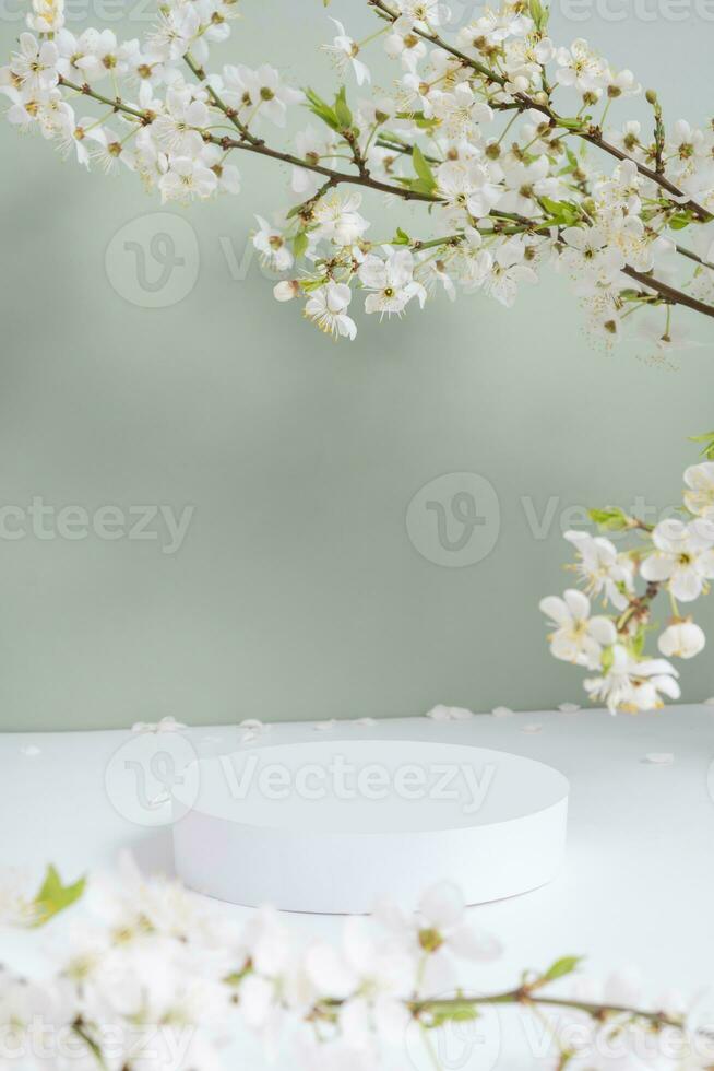 Empty podium or pedestal with spring bloom. Mock up for cosmetic products photo