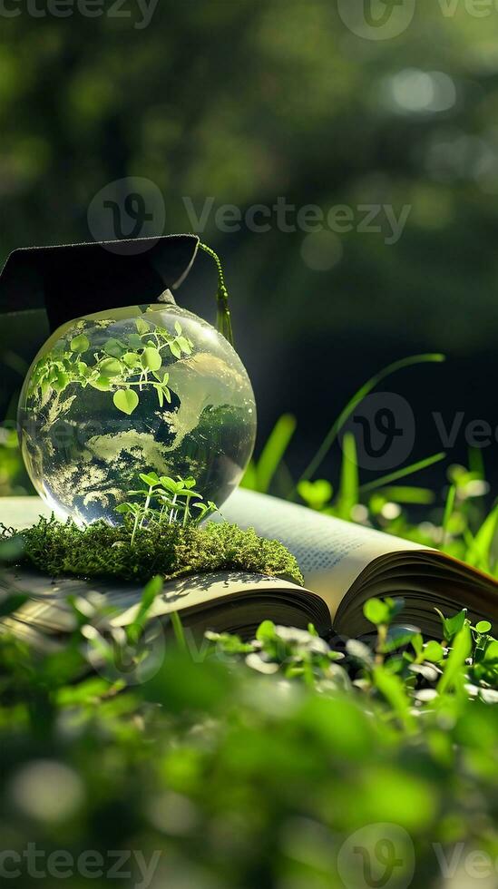 AI generated World Environmental Education Day text. A book with a globe in a graduation cylinder on the background of nature photo