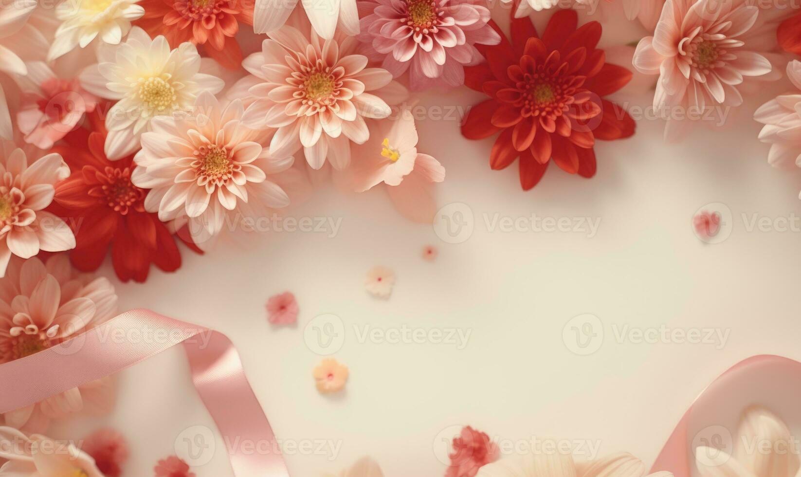 AI generated Top view of pink chrysanthemum and ribbon on white background photo
