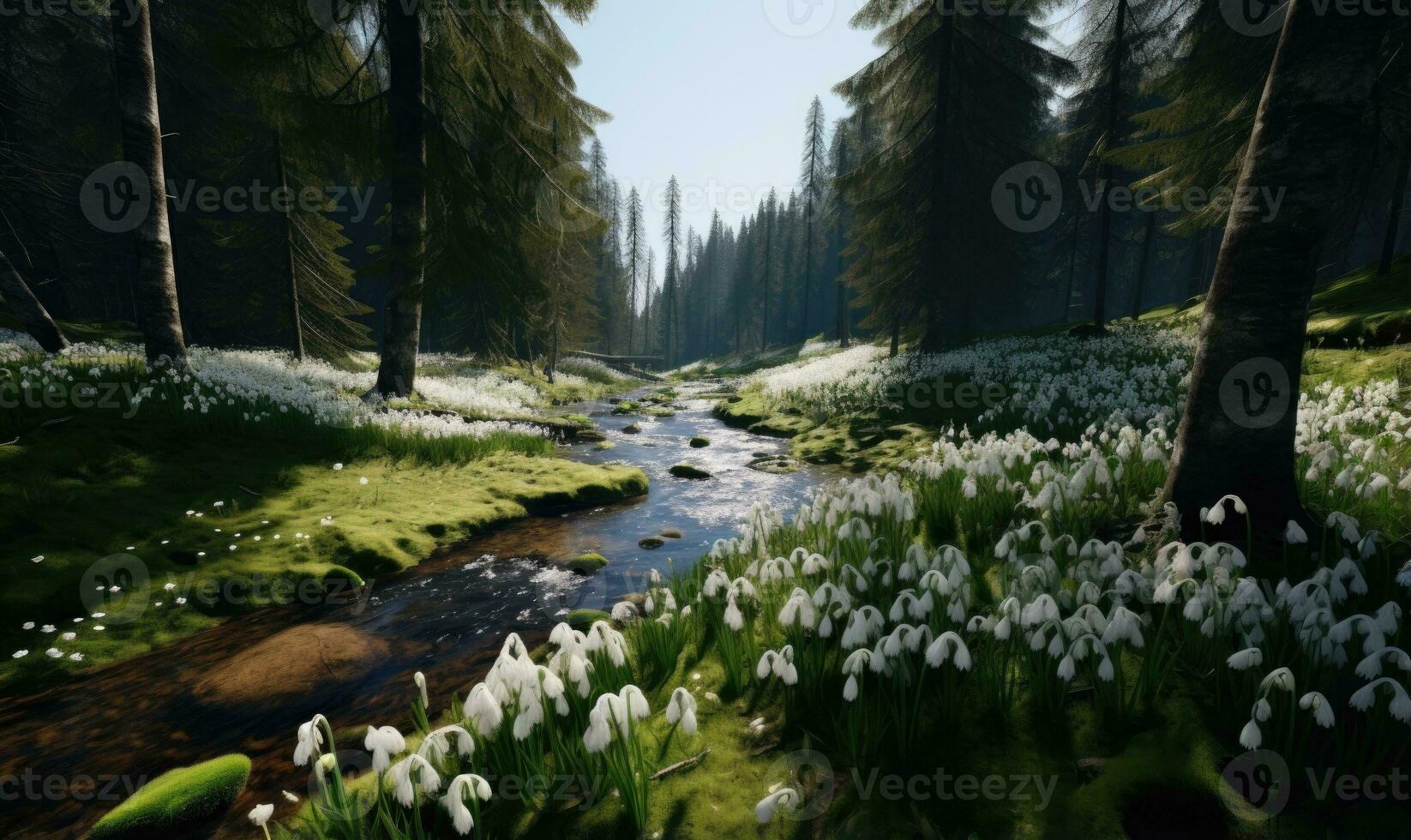 ai generado bosque cubierto con campanillas de invierno temprano primavera paisaje foto
